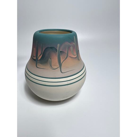Native American New West Hand Painted Pink and Blue Pottery Vase - Picture 2 of 8